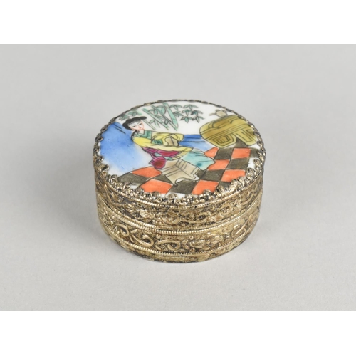 53 - A Mid 20th Century Chinese Circular Enamelled Box, the Hinged Lid with Inner Mirror, 5cm Diameter