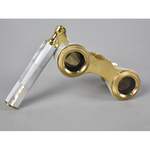 57 - A Pair of Reproduction Mother of Pearl Mounted Gilt Brass Opera Glasses, with Hinged Handle