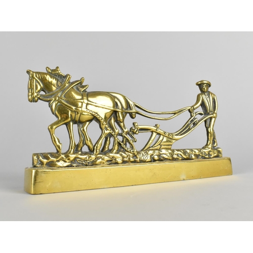 58 - A Victorian Brass Fireside Ornament or Doorstop in the form of Farmer Ploughing with Two Horses, Pli... 