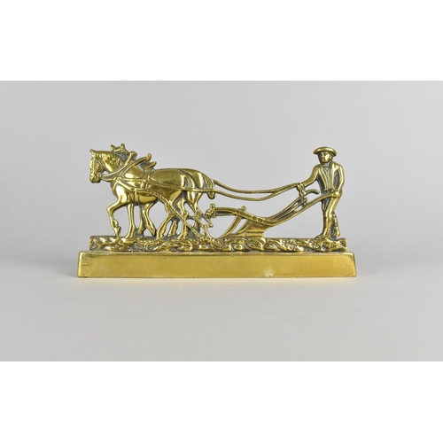 58 - A Victorian Brass Fireside Ornament or Doorstop in the form of Farmer Ploughing with Two Horses, Pli... 