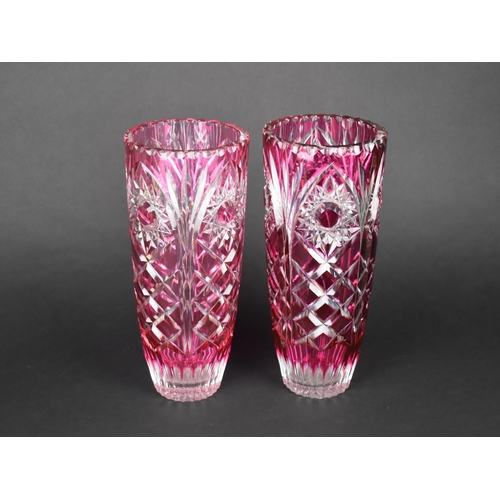 69 - A Pair of Mid 20th Century Bohemian Cut and Overlaid Glass Vases, Each 31cm High, (Match lot 568)