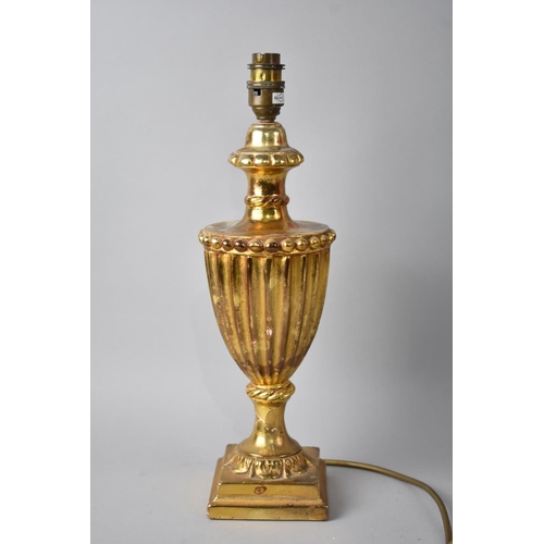 73 - A Modern Gilded Plaster Table Lamp Base in the Form of a Reeded Vase, Overall Height 39cms