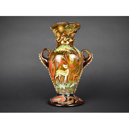 74 - A Mid 20th Century Hand Painted Amber Glass Two Handled Vase, Probably Italian, Decorated with Figur... 