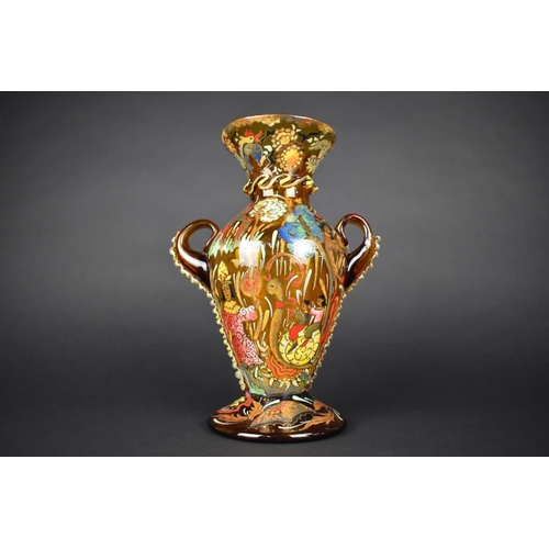 74 - A Mid 20th Century Hand Painted Amber Glass Two Handled Vase, Probably Italian, Decorated with Figur... 