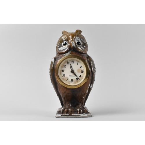 9 - A Novelty German Brown Painted Cast Pewter Mantel Clock in the Form of a Standing Long Eared Owl, Gl... 