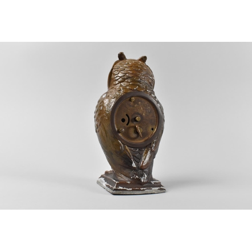 9 - A Novelty German Brown Painted Cast Pewter Mantel Clock in the Form of a Standing Long Eared Owl, Gl... 