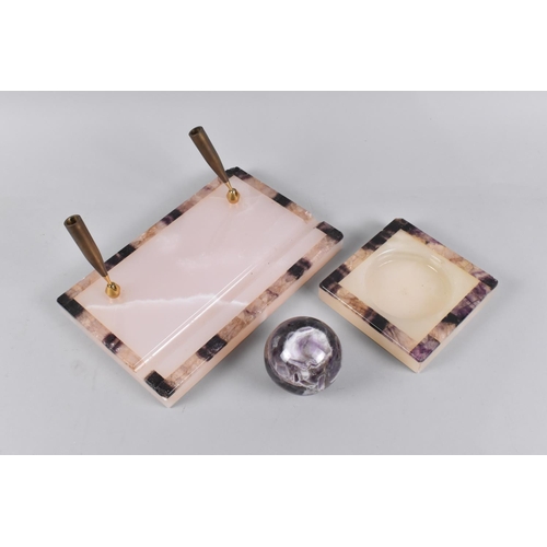 1 - An Art Deco Onyx and Blue John Bordered Two Piece Desk Set together with a Similar Polished Ball, Ba... 