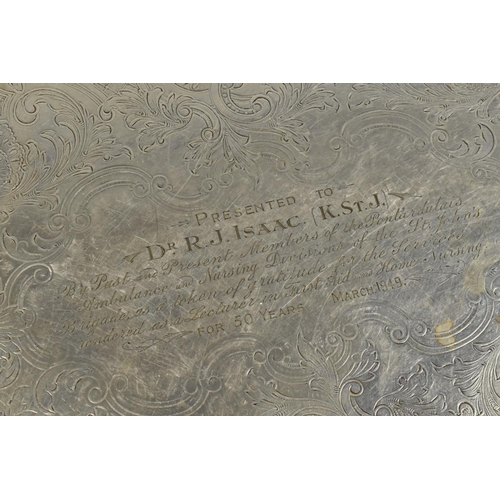 126 - A Large Silver Plated Two handled Tray, To Dr R J Isaac, March 1949, Engraved Decoration and Moulded... 