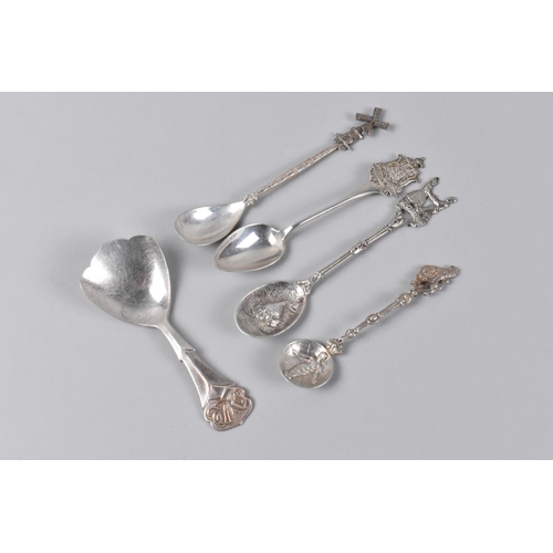 128 - A Collection of Various Silver and White Metal Souvenir Spoons to Include Silver Caddy Spoon