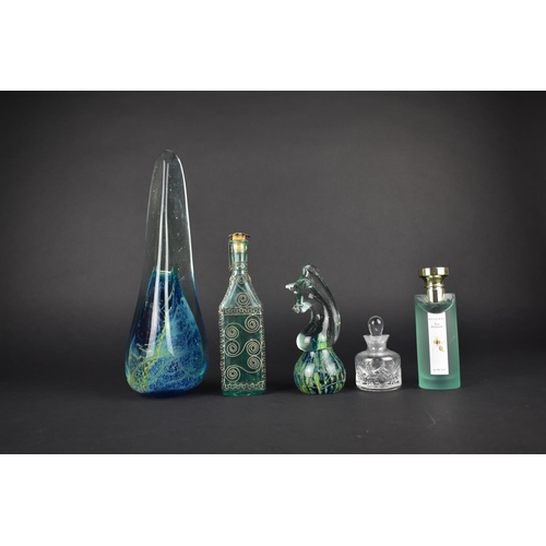 130 - A Tall Triangular Mdina Sculpture, Mdina Knight Paperweight, Two Scent Bottles and a Bottle of Bvlga... 