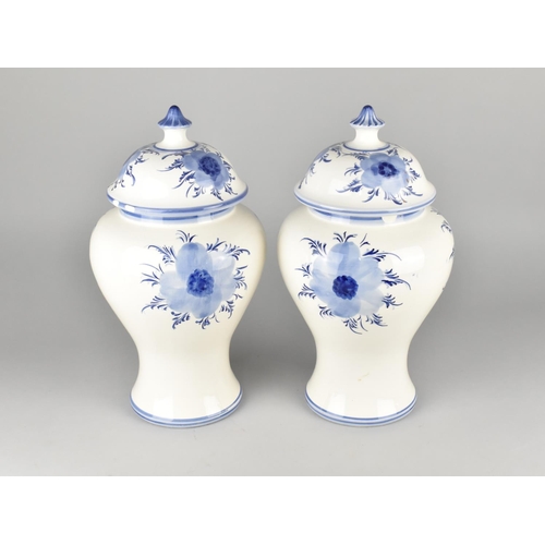 134 - A Pair of Modern Blue and White Lidded Vases Decorated with Flowers, One with Chip to Neck, 37cms Hi... 