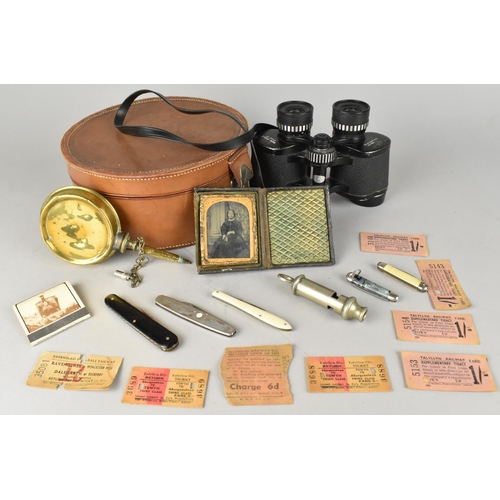 25 - An Edwardian Circular Leather Collar Box Containing Various Curios to include Binoculars, Whistle, P... 