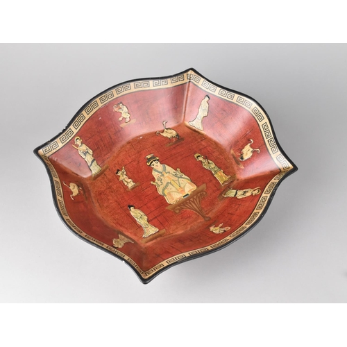 27 - An Oriental Bowl decorated in Relief with Figures and Cranes, 34cms Wide on Four Feet