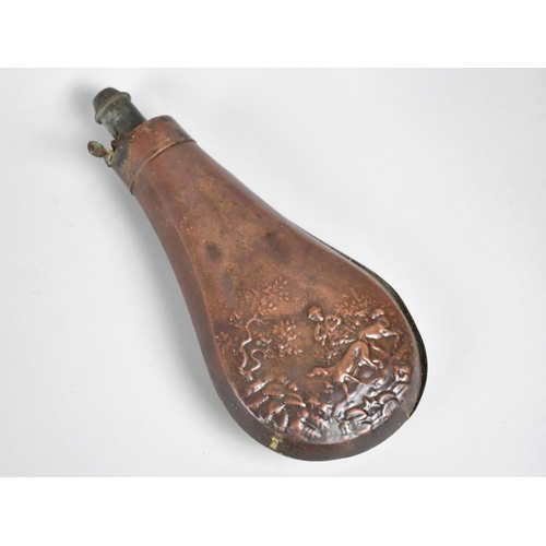 29 - A 19th Century Copper Shot Flask Decorated in Relief, Condition Issues and Split to Seam, 20cms High