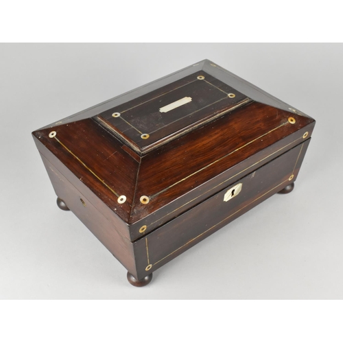 3 - A Late 19th Century Mother of Pearl Inlaid Rosewood Workbox of Sarcophagus Form, Bun Feet, Missing I... 