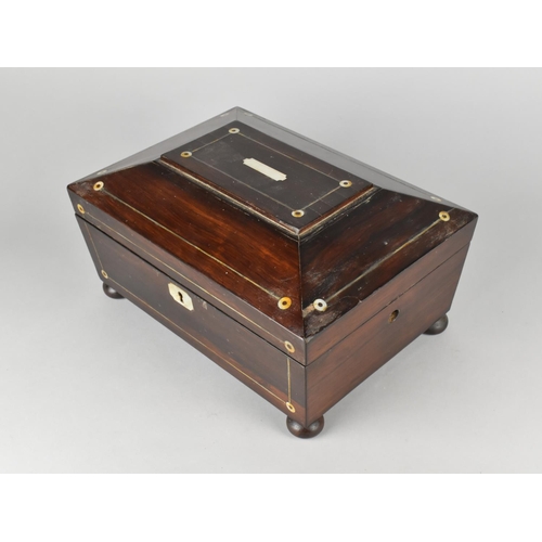 3 - A Late 19th Century Mother of Pearl Inlaid Rosewood Workbox of Sarcophagus Form, Bun Feet, Missing I... 