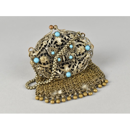 36 - A Late 19th Century Continental Chainmail Purse with Oval Filigree Front Panel having Turquoise Styl... 