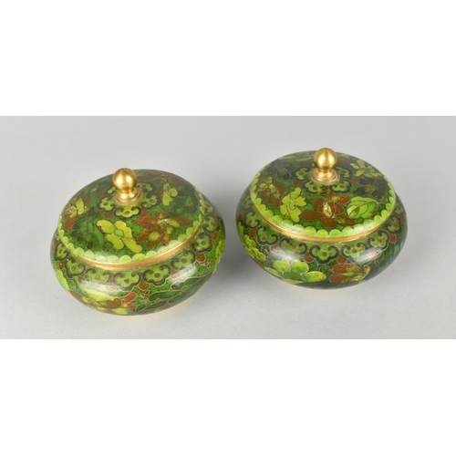 38 - A Pair of Oriental Green Cloisonne Enamelled Lidded Circular Pots, 7.5cms Diameter