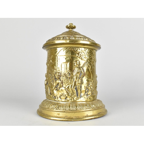 45 - A Cylindrical Pressed Brass Lidded Tobacco Pot with Weighted Base, 14cms Diameter and 19cms High