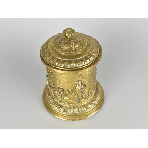 45 - A Cylindrical Pressed Brass Lidded Tobacco Pot with Weighted Base, 14cms Diameter and 19cms High