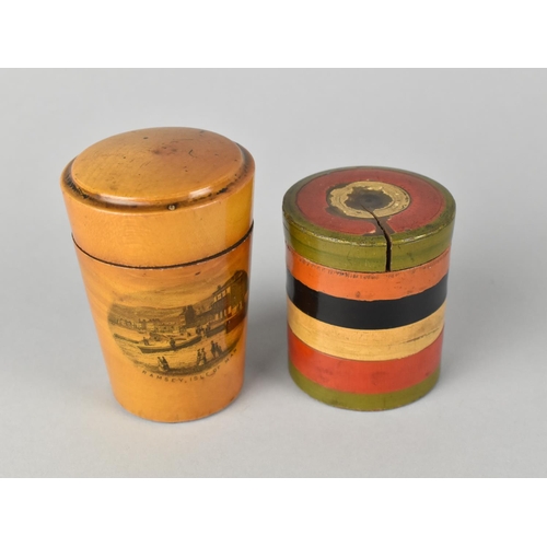 46 - A Mauchline Ware Container Housing Glass Pot, Lid Cross Threaded, Together with a Striped Example Co... 