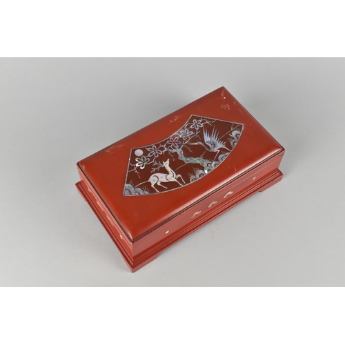 5 - A Modern Red Lacquered Chinese Lidded Rectangular Box with Mother of Pearl Inlaid Decoration,19cms W... 