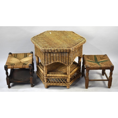 518 - A Collection of Two Vintage Oak Framed Stools and a Hexagonal Woven Wicker Stand/Conservatory Table