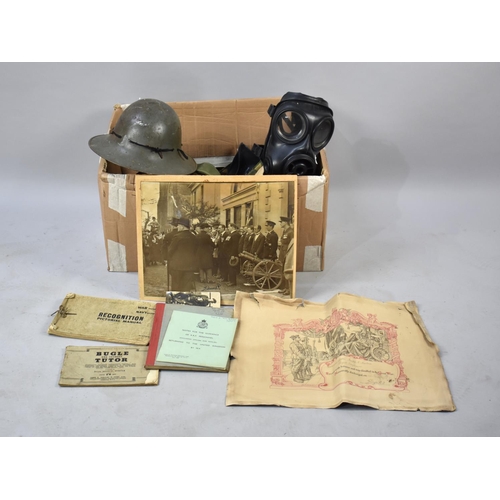 525 - A Collection of Various Militaria to include Gas Mask, Photographs, Helmet, Manuals to include Recog... 