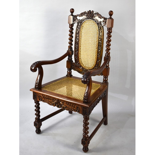 526 - A Modern Mahogany Framed Scroll Armchair with Barley Twist Supports, Cane Seat and Back