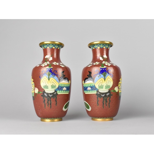 57 - A Pair of Chinese Cloisonne Enamel Vases, 17cms High