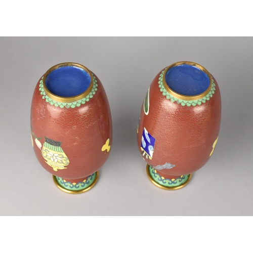 57 - A Pair of Chinese Cloisonne Enamel Vases, 17cms High