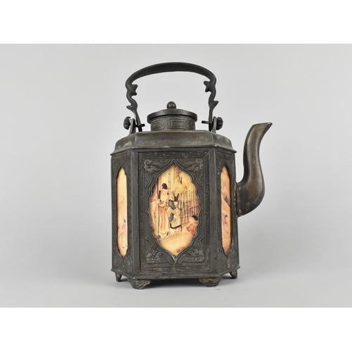 59 - A Reproduction Oriental Pewter Teapot with Decorated Porcelain Panels Depicting Figures and Interior... 