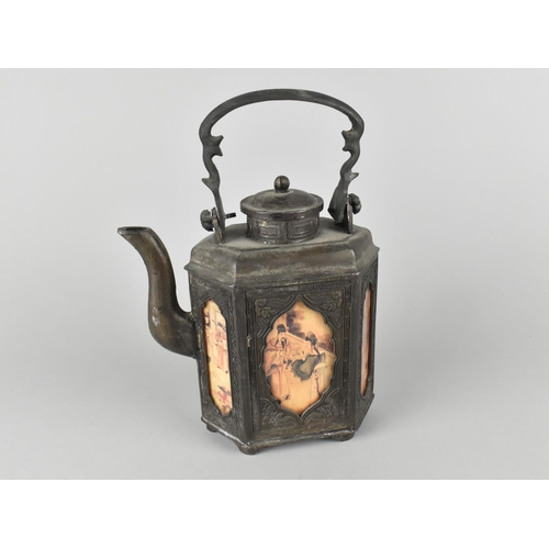 59 - A Reproduction Oriental Pewter Teapot with Decorated Porcelain Panels Depicting Figures and Interior... 