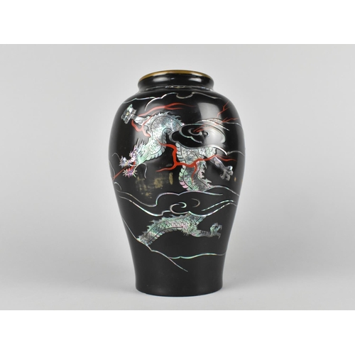 60 - A Presentation Mother of Pearl Inlaid Bronze Vase Inscribed to The Rear 