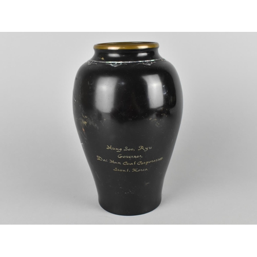 60 - A Presentation Mother of Pearl Inlaid Bronze Vase Inscribed to The Rear 