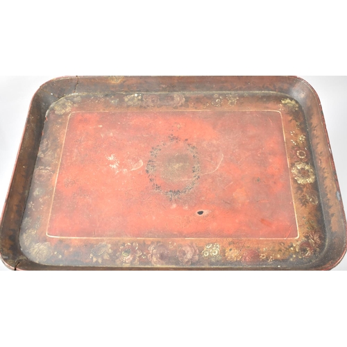 61 - A Large 19th Century Lacquered Tray Table with Floral Decoration to Inner Border, Base Somewhat Pet ... 