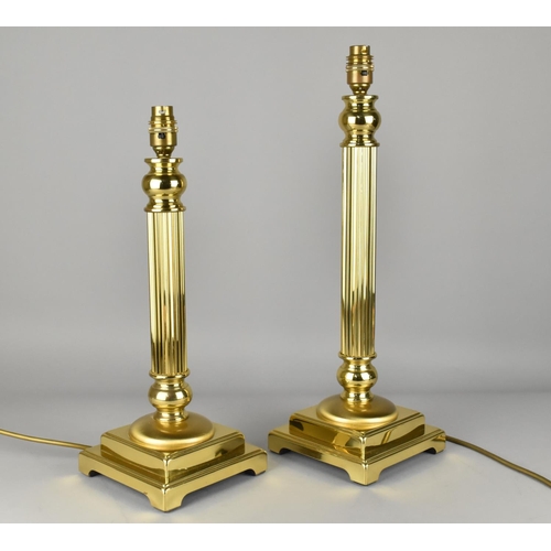 83 - Two Modern Graduated Brass Table Lamp Bases on Stepped Square Bases, Ribbed Column Supports, Tallest... 