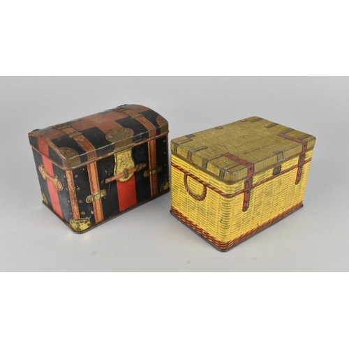 89 - Two Vintage Tins in the Form of a Wicker Hamper and a Dome Topped Travelling Trunk with Railway Labe... 