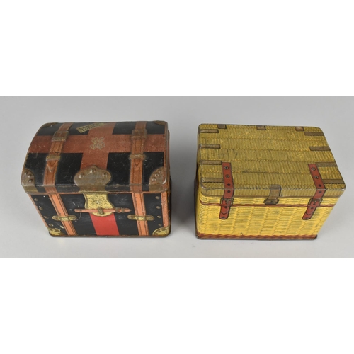 89 - Two Vintage Tins in the Form of a Wicker Hamper and a Dome Topped Travelling Trunk with Railway Labe... 