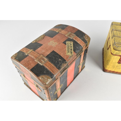 89 - Two Vintage Tins in the Form of a Wicker Hamper and a Dome Topped Travelling Trunk with Railway Labe... 