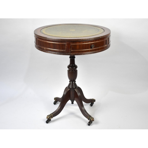 97 - A Reproduction Mahogany Circular Drum Table with Tooled Leather Panel to Top, 60cms Diameter