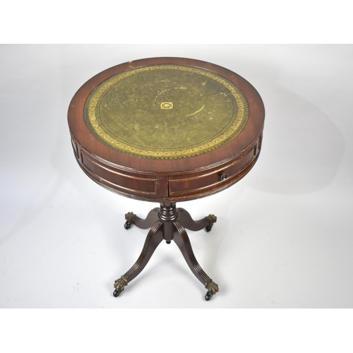 97 - A Reproduction Mahogany Circular Drum Table with Tooled Leather Panel to Top, 60cms Diameter