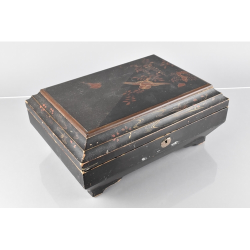 38 - A 19th Century Japanese Black Lacquered Sewing/Work Box of Sarcophagus Form, The Exterior Decorated ... 