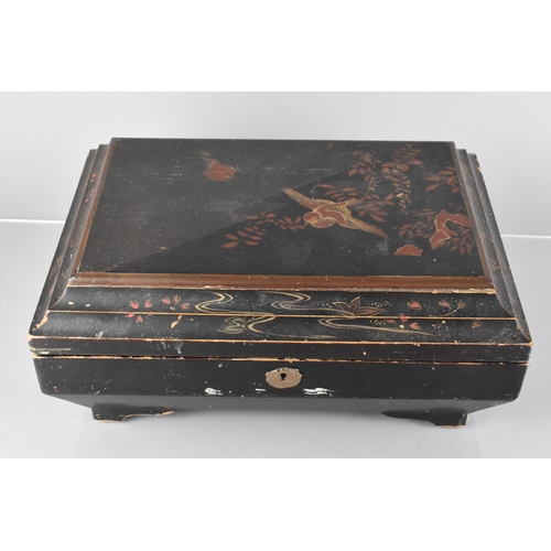 38 - A 19th Century Japanese Black Lacquered Sewing/Work Box of Sarcophagus Form, The Exterior Decorated ... 