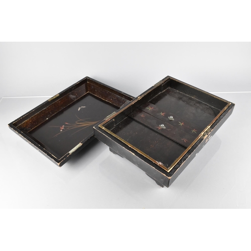 38 - A 19th Century Japanese Black Lacquered Sewing/Work Box of Sarcophagus Form, The Exterior Decorated ... 