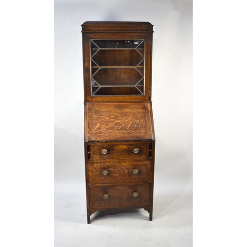 488 - An Edwardian Oak Fall Front Hall Bureau with Three Base Drawers, Fitted Centre Section and Glazed Sh... 