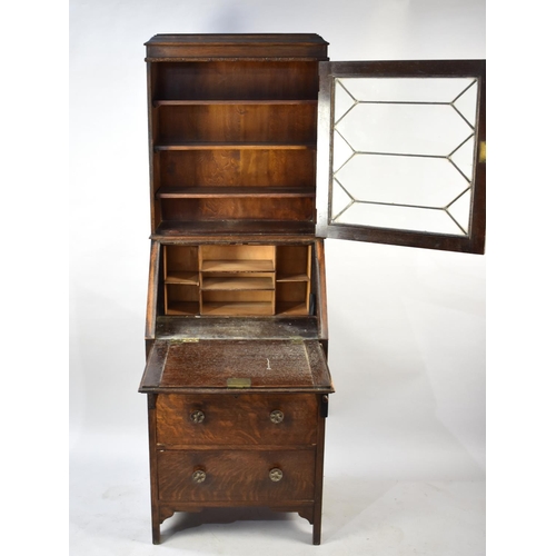 488 - An Edwardian Oak Fall Front Hall Bureau with Three Base Drawers, Fitted Centre Section and Glazed Sh... 