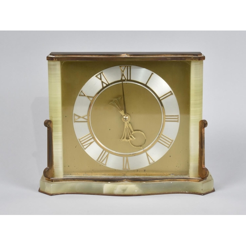 13 - A Vintage Brass and Onyx Mantel Clock by Smiths, Movement Overwound, 21cms Wide and 17cms High