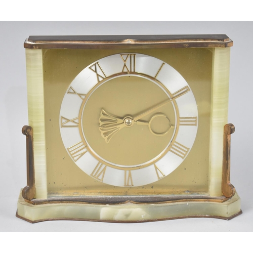 13 - A Vintage Brass and Onyx Mantel Clock by Smiths, Movement Overwound, 21cms Wide and 17cms High