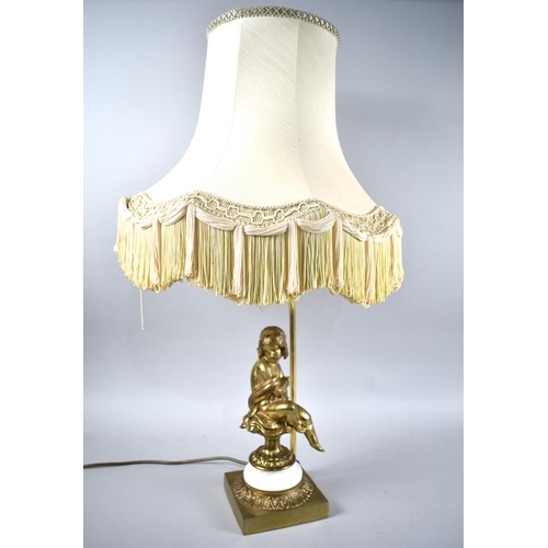 28 - A Late 20th Century Brass Figural Table Lamp, Seated Girl, Complete with Shade, Overall Height 70cms